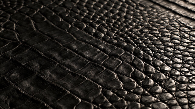 Detailed close up of black crocodile leather texture with dramatic side lighting. Luxury fashion background for high end leather goods designs.