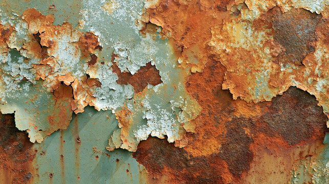 A close-up view of weathered metal with peeling paint and heavy rust textures under natural light. This industrial background is ideal for grunge design projects.