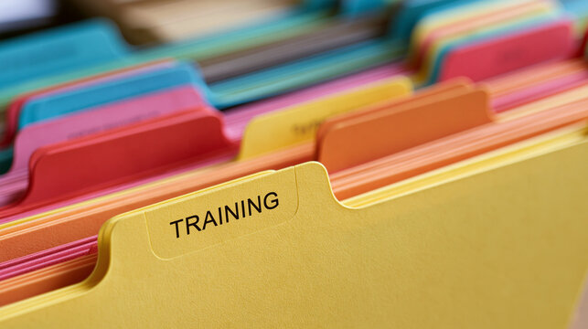 Colorful file folders with a training label in a bright office drawer. Educational concept for human resources and career development.