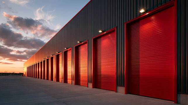 Industrial warehouse building with red loading dock doors at sunset. Ideal for logistics and supply chain concepts.