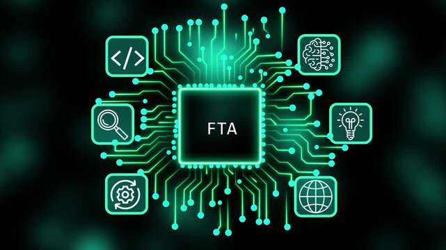 A glowing neon FTA concept surrounded by smaller icons for ai. agentic icon surrounded by smaller icons for ai and manufacturing process management.