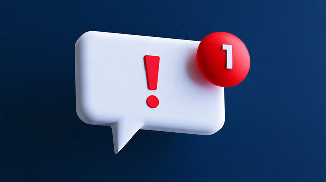 A 3D white chat bubble with a red exclamation mark and a notification counter icon on a dark blue background. Perfect for UI design and digital communication concepts.