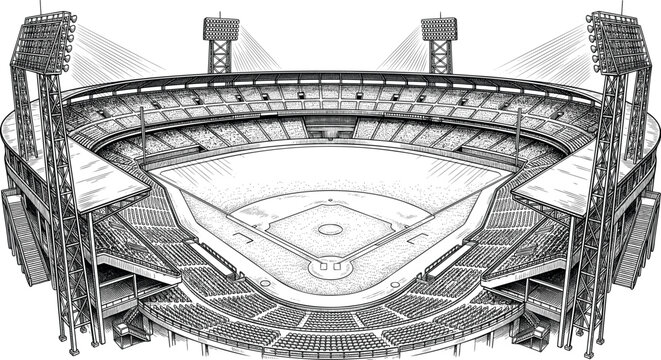 A vintage engraving of a baseball stadium seen from above showing the diamond infield outfield grandstands and tall floodlight towers drawn with fine hatching on a white background