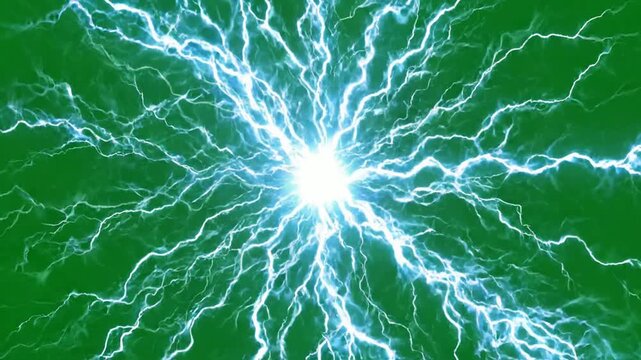 Electric lightning plasma burst on green screen, voltage energy discharge overlay for visual effects and motion
