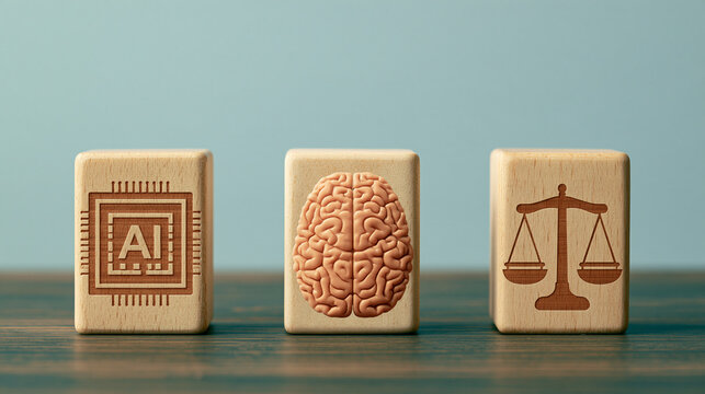 Wooden blocks with AI chip, human brain, and scale symbols on a desk. Representing the concept of artificial intelligence ethics and legal regulation.