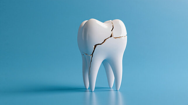 Broken white tooth with deep cracks on a soft blue background. Ideal for dental care and oral health concepts.