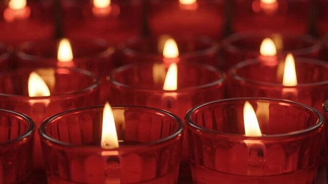 Red glass votive candle flames flickering softly in dark room