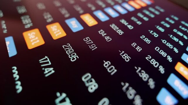 High-frequency trading, screen with stock market data, fast changing buy and sell signs, trading session. Financial markets, trading board, stockbroker, risk, up and down, volatile market.