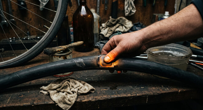 Puncture repair on bicycle inner tube in workshop