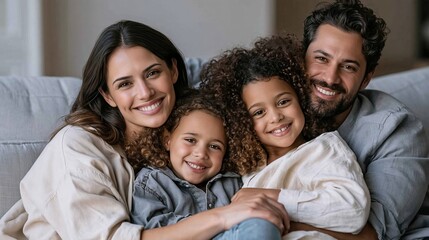 Obraz premium Smiling family of four posing together on a couch with warm indoor lighting