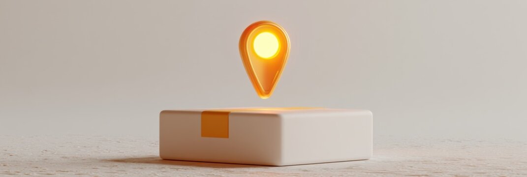 A glowing map pin is dropping onto a generic parcel as a delivery destination in a clear space. The focus is on the location being marked.