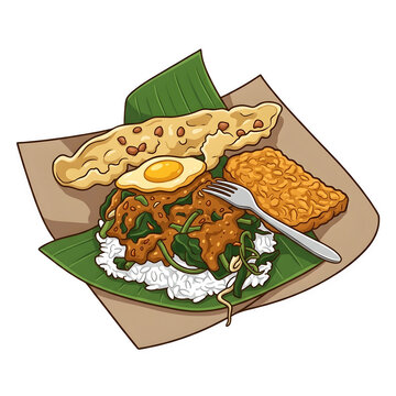 Indonesian Nasi Pecel Rice with Peanut Sauce Vegetables Fried Egg Tempeh and Peanut Cracker Illustration