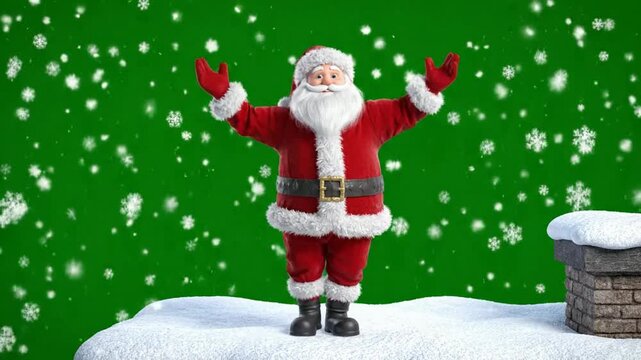 Cheerful santa claus dancing on rooftop with falling snow green screen background, for christmas holiday greeting