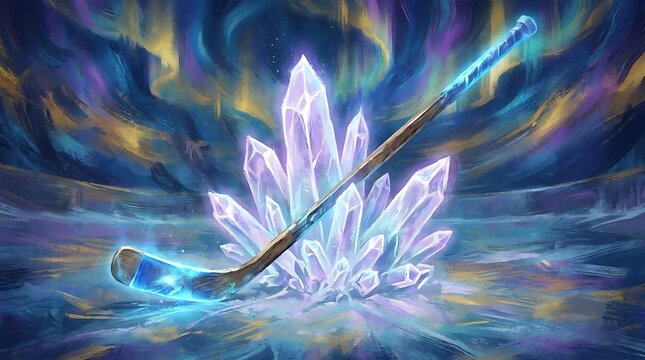 Glowing fantasy hockey stick with blue crystals on ice.