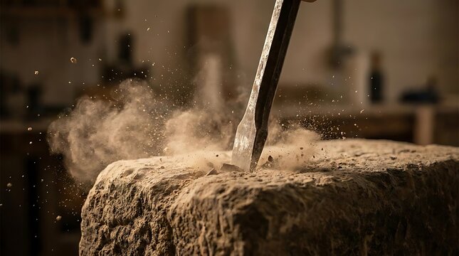 Hand chisel carving into stone with flying dust.