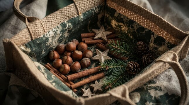 Jute bag filled with winter holiday decorations and nuts