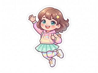 Fototapeta premium Cute happy anime girl jumping and waving hand vector sticker illustration. Pastel chibi child character design isolated on white background.