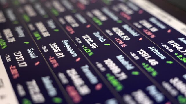 Close-up trading screen with stock market data, global indices, price information. Financial markets, investment strategy, trading board, risk, exchange, growth, wealth, making money.