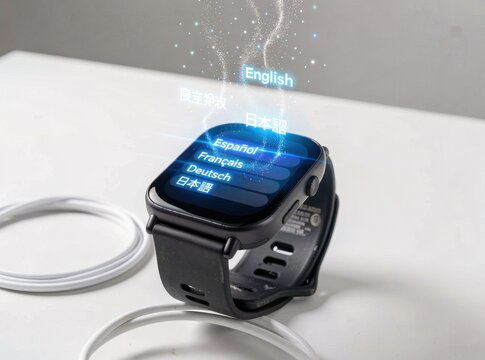 Smartwatch with holographic language translation interface and glowing particles