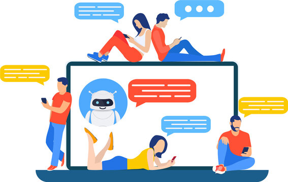 Talking to a chatbot online on laptop computer.