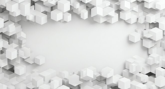 White geometric cubes forming a central frame
