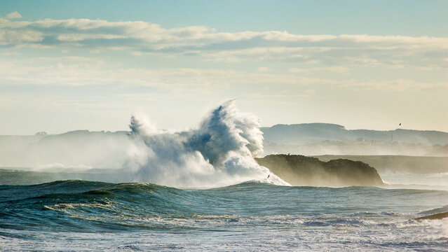 Powerful storm wave crashing on the coast of Santander, Spain