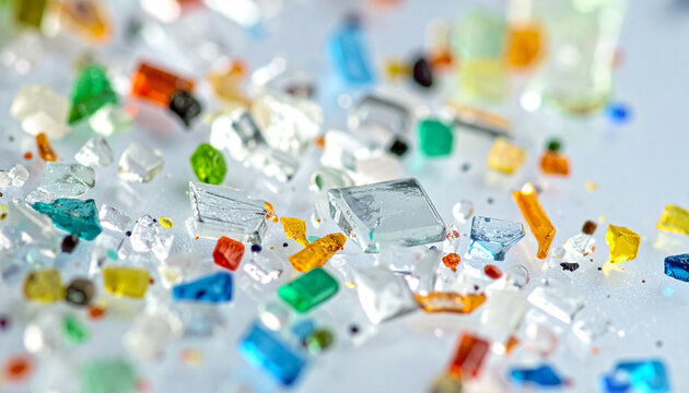 Colorful Glass Shards: A vibrant collection of small, irregular glass fragments in a myriad of colors scattered across a reflective surface, creating an abstract mosaic of light and texture.