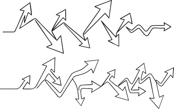 Collection of hand drawn arrows pointing downwards indicating decline or negative trends