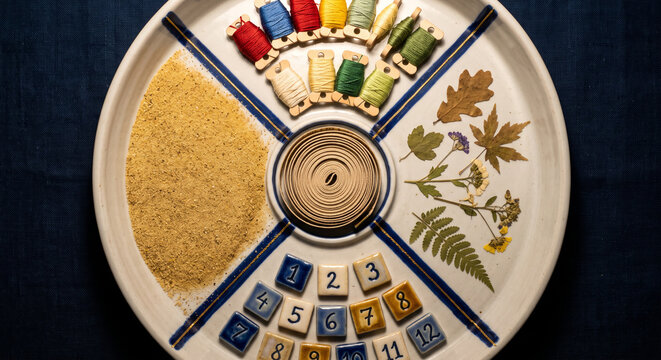 Craft inspiration mixed media collage of sewing notions on a decorative plate