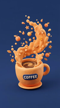 A playful 3D clay style illustration of a coffee cup with a dynamic orange liquid splash.