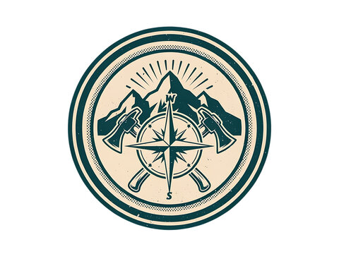 Vintage compass emblem with mountains and axes for adventure and exploration design, navy blue and beige colors.