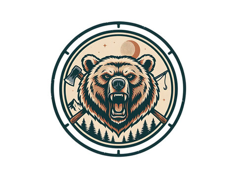 Fierce bear head emblem inside round frame with crossed axe and fishing rod featuring moon and pine forest for rugged outdoor gear branding assets.