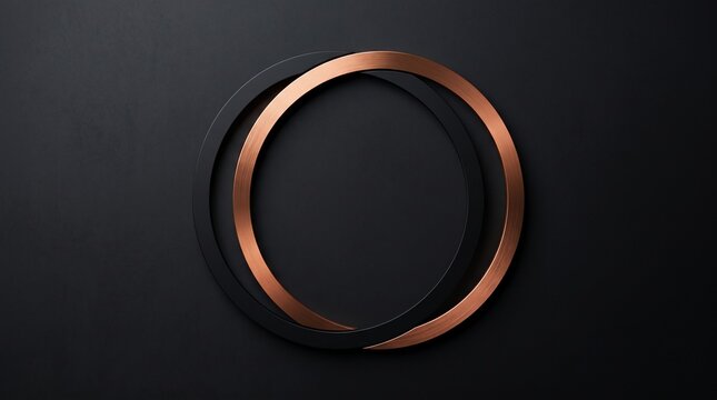 Luxury 3D overlapping matte black and metallic copper rings on a dark background with copy space