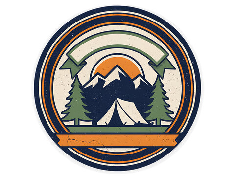 Outdoor adventure emblem with mountains, pine trees, sun, and tent, designed for camping, hiking, and exploration merchandise.