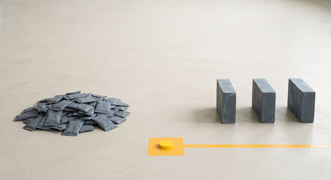 Decision blocks with button and pile on minimalist 3D background
