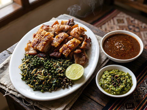 Indonesian Roasted Pork Belly (Babi Panggang Karo) with Cassava Leaves and Sambal
