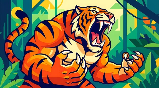 Roaring tiger illustration in dense tropical jungle foliage.