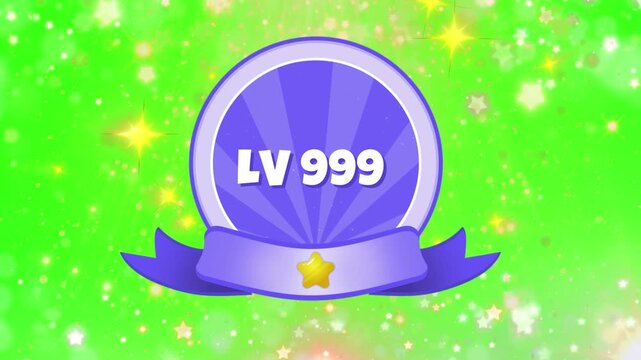 Medal featuring level nine hundred ninety nine text inside a purple badge adorned with a gold star and ribbon against a vibrant green background filled with sparkling yellow stars.