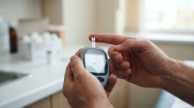 Man checking blood sugar level with glucose meter and test strip in bright home interior