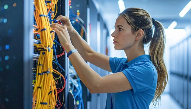 Focused close-up shot of a female network engineer with a ponytail and blue polo shirt, wearing an antistatic wrist strap, meticulously organizing a complex tangle of colorful fiber optic cables.