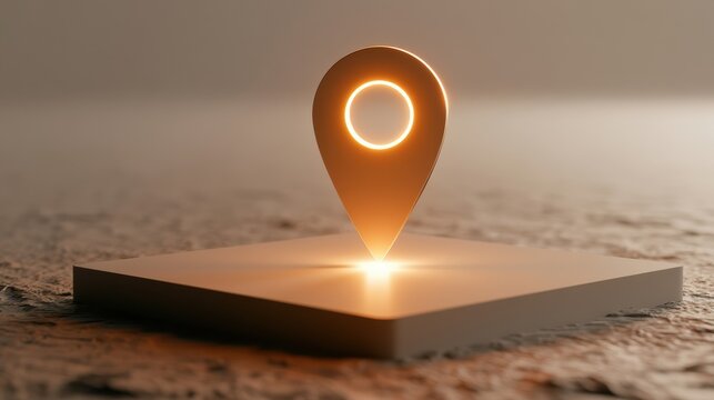 A glowing map pin drops onto a parcel representing a delivery destination in a bright clean setting. The environment is minimal and clear.