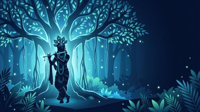 Lord Krishna silhouette playing bansuri flute under glowing mystical banyan tree in dark night forest