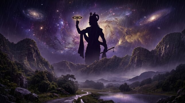 Lord Krishna silhouette standing majestically against a cosmic galaxy night sky above mountain ranges