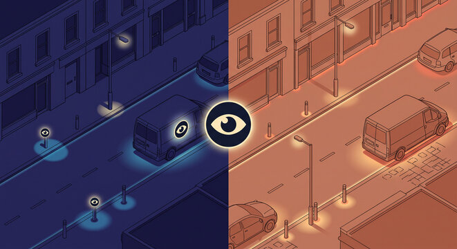 Surveillance and street lighting split a city between night and day