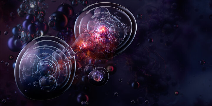 Cell biology, cellular structure, molecular science, biotechnology and biomedical research concept featuring translucent biological spheres with complex internal structures and particles 3D background