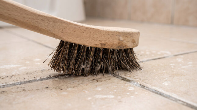 Grout brush cleaning tile floors in a bathroom  