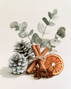 Calm watercolor Christmas still life of frosted pine cones, eucalyptus sprigs, cinnamon sticks and dried orange slices on pale linen in muted sage and warm brown, a natural neutral holiday palette
