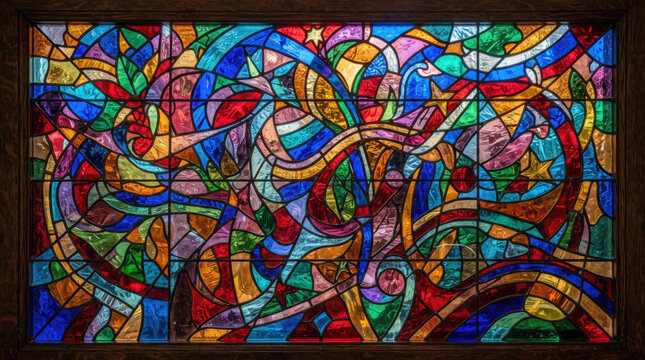 Abstract stained glass window with colorful mosaic patterns and geometric shapes