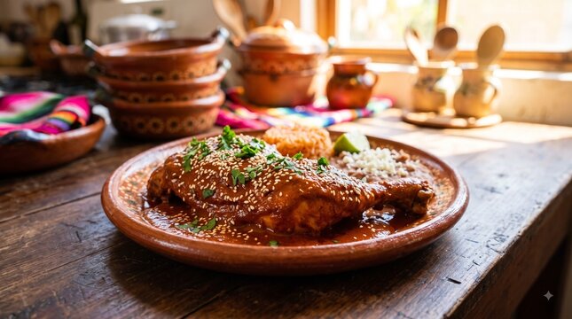 A rich chicken leg quarter smothered in thick Pipian Rojo sauce on a red clay dish, Glossy red pumpkin seed and chili sauce sprinkled with toasted sesame seeds and fresh parsley