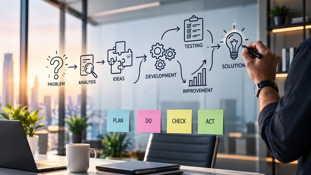 Hand drawing a business workflow flowchart with icons and sticky notes on a glass board representing continuous improvement strategy and problem solving